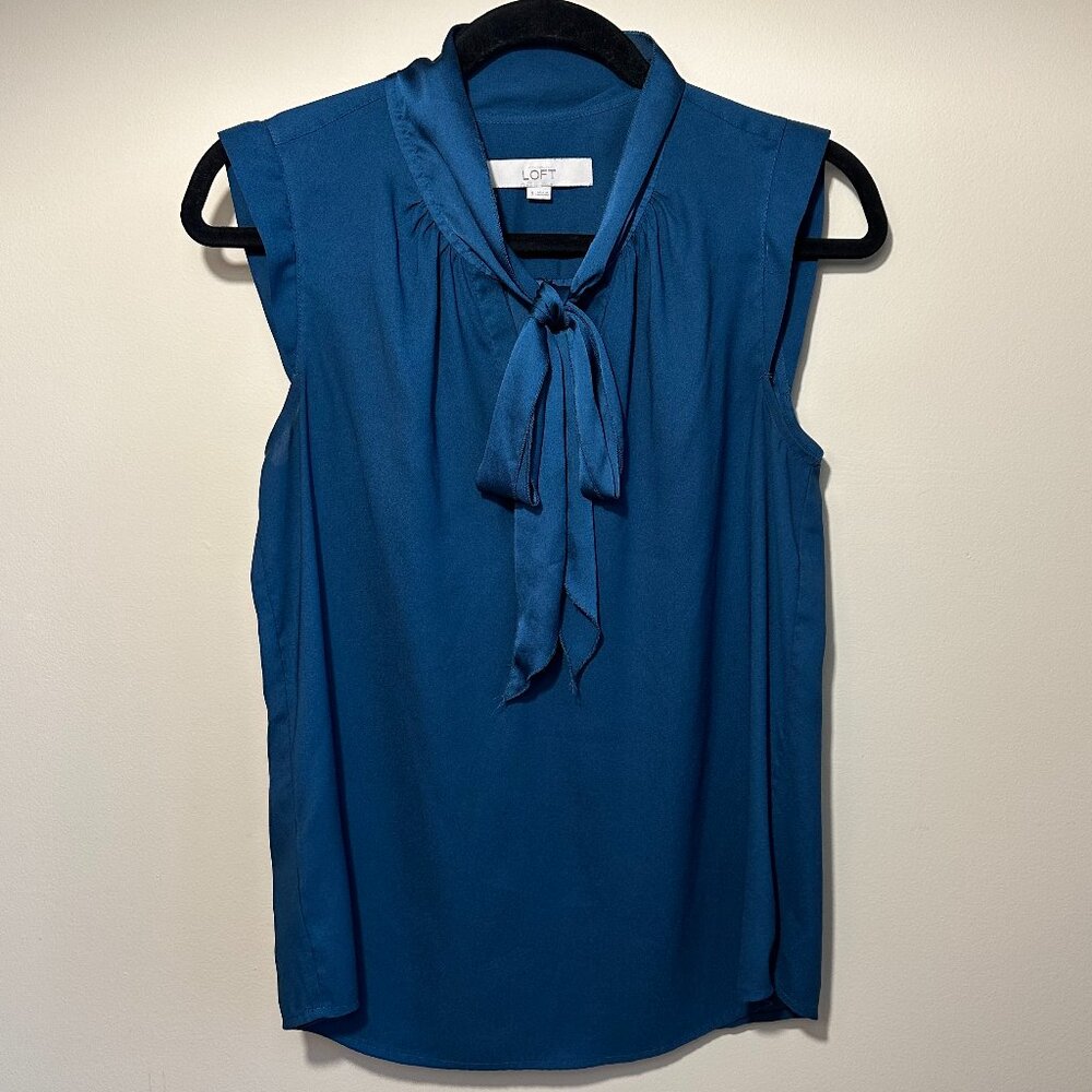 LOFT Women's Blue Sleeveless Tie-Neck Silky Shirt Blouse Top - Size S
